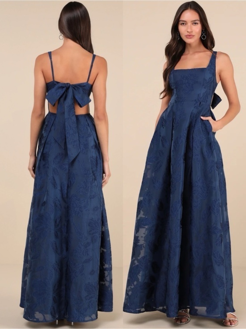 NWT Lulu’s Perfected Aura Navy Jacquard Tie-Back Maxi Dress with Pockets Large